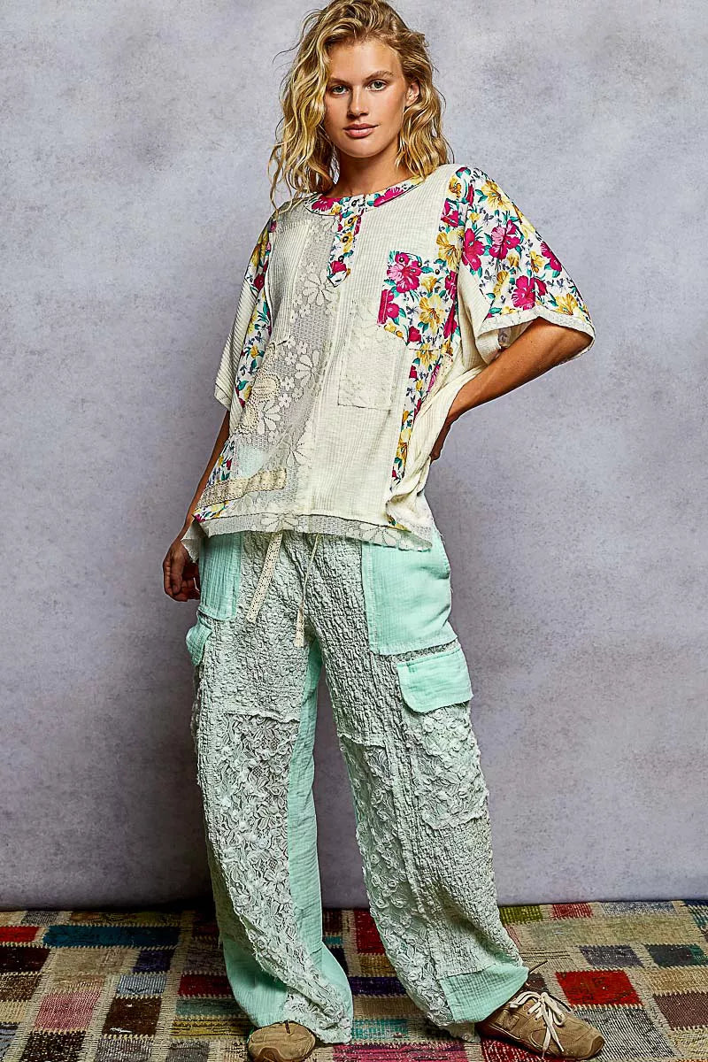 Women’s Lace Floral Patch Round Neck Short Sleeve Top 10-31 POL Ship from USA