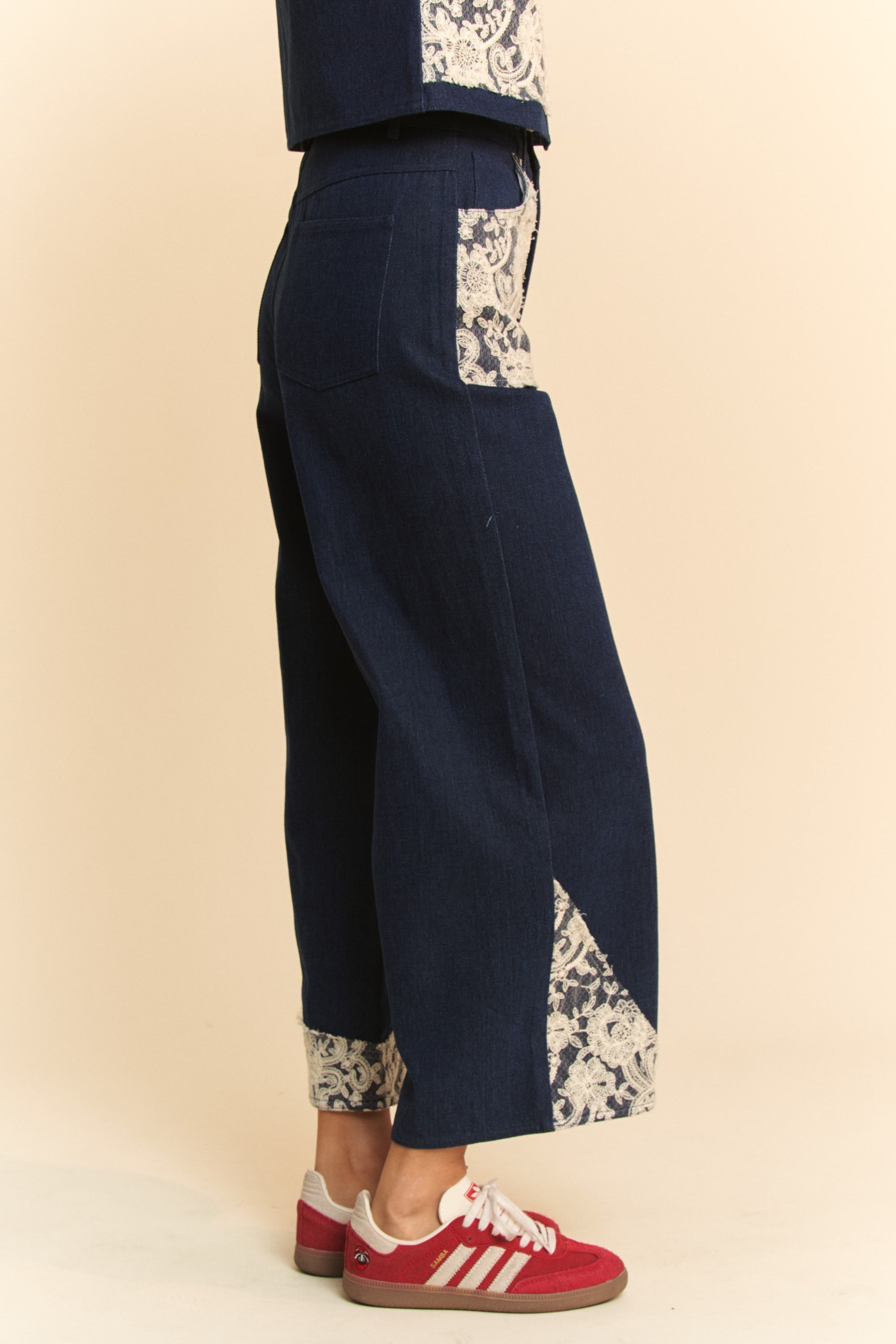 Wide Leg Cotton Denim Jeans with Lace Applique Detail Apparel & Accessories > Clothing > Pants Applique autopostr_pinterest_72819 Davi & Dani Lace Leg Only Available for U.S. Residents Ship from USA sync-pinterest Wide Wide Leg