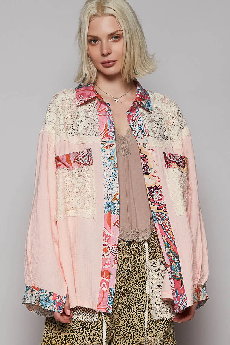 Blush Pink White Cotton Blouse - Boho Sheer Balloon 7-11 POL Ship from USA